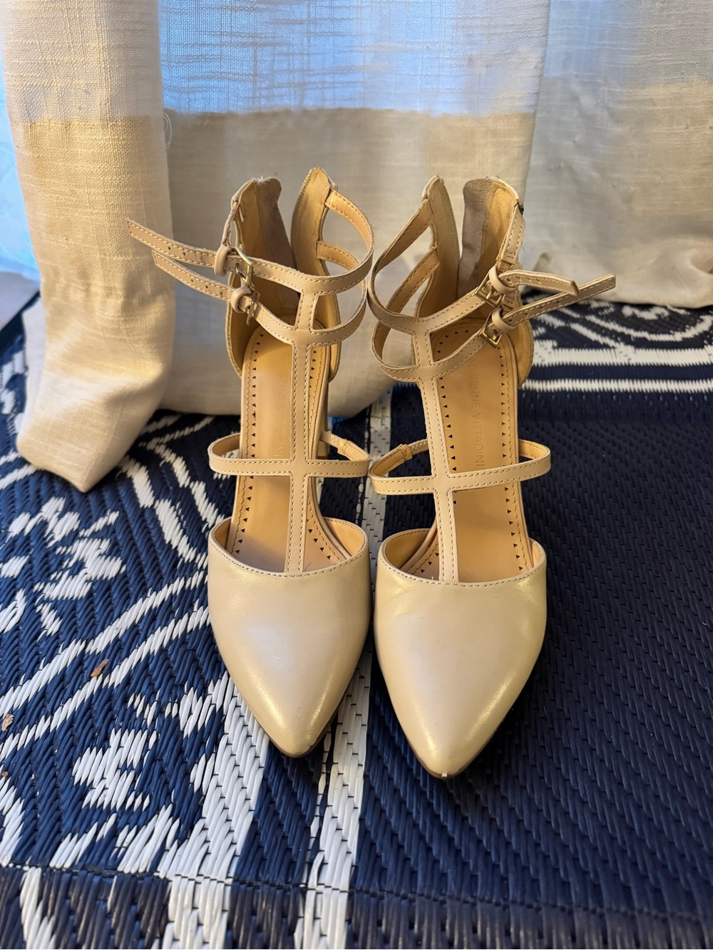 Cream Pointed-Toe Ankle-Strap Heels